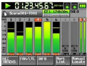 TASCAM HS-P82 - ⑧ Pegelanzeigen mit Nummern und Be zeichnungsfeldern für Spuren/Kanäle sowie farblicher Kennzeichnung von Aufnahmebereitschaft, Vorhören und Limiter - 1