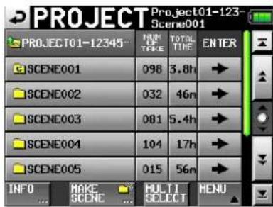 PROJECT01-123 Project01-12345 HUM TIME TOTAL TIME ENTER SCENE001 098 3.8h → SCENE002 032 46n → SCENE003 001 5.4h → SCENE004 104 17h → SCENE005 015 56n → INFO MAKE SCENE MULTI SELECT MENU