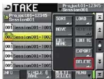 TAKE Project01-12345 Session001 001 Session001-T001 002 Session001-T002 003 Session001-T003 004 Session001-T004 005 Session001-T005 INFO CIRCLE © MORE SELECT Project 01-12345 Session001 SORT LOAD MOVE ORDER EDIT IC HOME EXPORT DELETE MENU