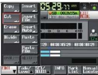 Copy Insert Cut Insert File Erase Insert Auto Divide Paste Paste Flo Edit Fade/ Low SET/ Select INFO Mark List Manual Locate 10 12 6 1:29 00:00:05:29 00:00:08:29 SOL 002h55m FODE