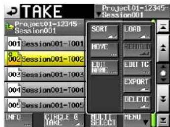 TAKE Project01-12345 Session001 001 Session001-T001 002 Session001-T002 003 Session001-T003 004 Session001-T004 005 Session001-T005 INFO CIRCLE © TARE MULTI SELECT MENU