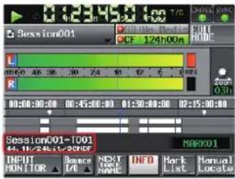 Session001 L 0:00:00 45 36 30 24 18 12 9 6 4 R 00:00:00:00 00:45:00:00 01:30:00:00 02:15:00:00 Session001=1001 44.10/24.11/20NDF MARK01 INPUT HOTTOR ▲ DANCE GND NEXT NAME INFO Mark List Manual Locate