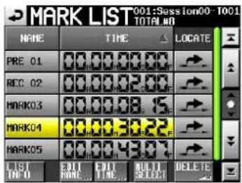MARK LIST001:Session00-TOO1 TOTAL NO NAME TIME LOCATE PRE 01 00.00.00.00 REC 02 00.00.02.00 MARK03 00.00.08.15 MARK04 00.00.10.22 MARK05 00.00.13.07 LIST TAPO END END BOLD SELECT DELETE