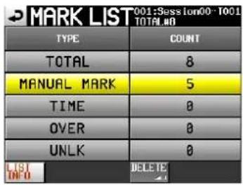 MARK LIST 001:Session00-TOO1 TOTAL #A TYPE COUNT TOTAL 8 MANUAL MARK 5 TIME 0 OVER 0 UNLK 0 LIST INFO DELETE