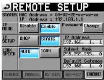 REMOTE SETUP STATUS HAC Address = 00-02-2E-xx-xx-xx IP Address = 192.168.1.1 IP MODE Disable Enable Password Change IP DHCP STATIC IP Address 192.168. 1. 1 LINK AUTO 100H Submit Hosts 255.255.255. 0 Default Gateway 192.168. 1. 0 GENERAL PRODUCED HS 232C HS-422 ETRENET