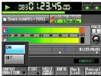 00:30 12:45 pm Sassion001-T001 OFF ON OFF MARCH INPUT HONITOR NEXT TICK NAME INFO Mark List Manual Locate