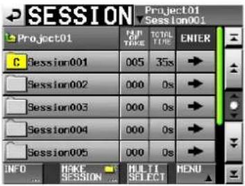 SESSION Project01 Session001 Project01 PAN FROM TIME TOTAL TIME ENTER C Session001 005 35s → Session002 000 0s → Session003 000 0s → Session004 000 0s → Session005 000 0s → INFO MAKE SESSION MULTI SELECT MENU