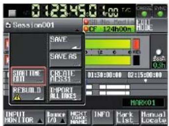 Session001 SAVE SAVE AS START TIME END CRE-OLIC PRESSI REBUILD IMPORT ALL TAKES 01:30:00:00 02:15:00:00 MARK01 INPUT HONITOR ▲ Before/OK ▲ NEXT START NAME INFO Mark List Manual Locate
