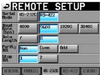 REMOTE SETUP Serial Node RS-232C RS-422 Baud Rate (bps) 4800 9600 19200 38400 Data Length ? 0 Parity Bit Non Even Odd Stop Bit 1 2 SIN: 000 FAM: 100 RS-232C RS-422 C:\WINDOWS