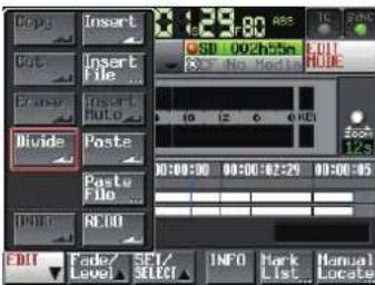 Copy Insert File Shift 002h05m No Mode DISE Paste Divide Paste Poste 10:00:00 00:00:02:29 00:00:05 Paste File 8:00 EDIT Fade/ Level SET/ SELECT INFO Mark List Manual Locate