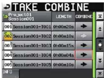 TAKE COMBINE Project01 Session001 LENGTH COMBINE 001 Session001-T001 0h00n20s 002 Session001-T002 0h00n10s 003 Session001-T003 0h00n15s 004 Session001-T004 0h00n04s 005 Session001-T005 0h00n10s INFO