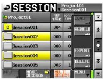 SESSION Project01 Session001 C Session001 004 3 Session002 000 0 Session003 000 0 Session004 000 0 Session005 003 1 LOAD SESSION REBUILD EXPORT DELETE MENU