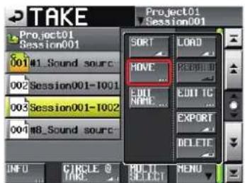 TAKE Project01 Session001 001 41_Sound sourc 002 Session001-1001 003 Session001-1002 004 48_Sound sourc Project01 Session001 SORT LOAD HIVE EUI NAME RESELL EDIT TC EXPORT DELETE INFO CIRCLE @ TAKE MULTI SELECT MENU