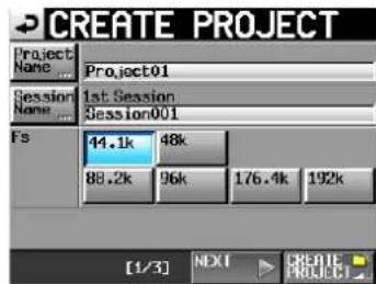 CREATE PROJECT Project Name: Project01 Session Name: 1st Session Session001 Fs 44.1k 48k 88.2k 96k 176.4k 192k [1/3] NEXT CREATE PROJECT