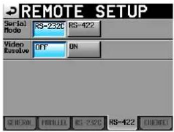 REMOTE SETUP Serial Node RS-232C RS-422 Video Resolve OFF ON SND KOL PRED LIL RS-752C RS-422 COLD