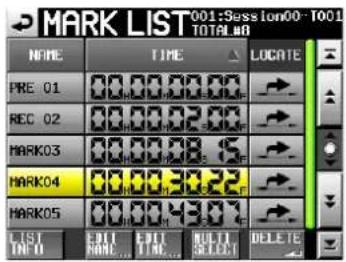 MARK LIST 001:Session00-TOO1 TITLE NAME TIME LOCATE PRE 01 00.00.00.00 REC 02 00.00.02.00 MARK03 00.00.08.6 MARK04 00.00.09.22 MARK05 00.00.13.71 LIST INFO EDIT NULL DELETE