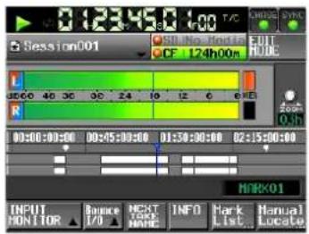 Session001 0:23:45:00 1:00 T/C CF 124h00n EUT R 00:00:00:00 00:45:00:00 01:30:00:00 02:15:00:00 NMRX01 INPUT MONITOR ▲ Bounce F/D ▲ NEXT TICK NAME INFO Mark List Manual Locat#
