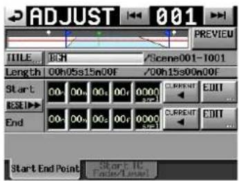ADJUST 001 PREVIEW TITLE: HIGH /Scene001-1001 Length: 00h05s15m00F /00h15s00m00F Start: 00x 00y 00z 00r 0000 RESET: 00x 00y 00z 00r 0000 End: 00x 00y 00z 00r 0000 CURRENT EDIT CURRENT EDIT Start End Point: Start TC Factor/Label