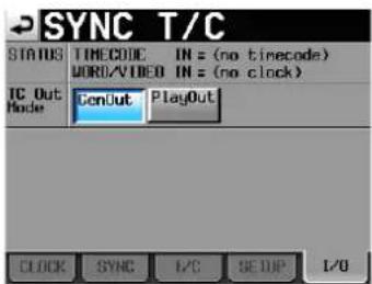 SYNC T/C STATUS TIMECODE IN = (no tinecode) WORD/VIDEO IN = (no clock) IC Out Mode GenOut PlayOut CLOCK SYNC I/C SETUP I/O