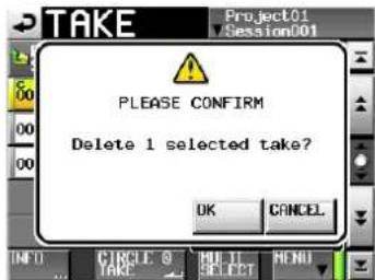 TAKE PROJECT01 /Session001 PLEASE CONFIRM Delete 1 selected take? OK CANCEL CIRCLE @ TAKE MULTI SELECT RENU