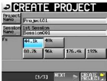 CREATE PROJECT Project Name Project01 Session Name Session001 Fs 44.1k 48k 60.2k 96k 176.4k 192k [1/3] NEXT CREATE Project