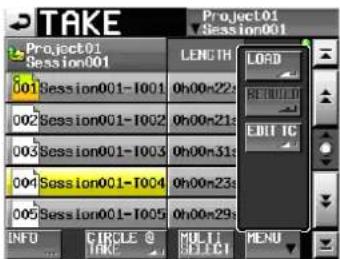 TAKE Project01 Session001 001 Session001-1001 0h00n22s 002 Session001-1002 0h00n21s 003 Session001-1003 0h00n31s 004 Session001-1004 0h00n23s 005 Session001-1005 0h00n29s INFO CIRCLE @ MULTI MENU LINK LENGTH LOAD REOULD EDIT IC