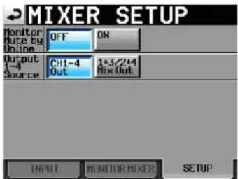 MIXER SETUP Monitor Tube by Online Output 1-4 Source OFF ON CH1-4 Out 1+3/24 Mix Out INPUT MONITOR MIXER SETUP