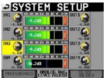 SYSTEM SETUP IN1 9.2dB OUT1 -6.8dB -6.8dB IN2 9.2dB OUT2 -6.8dB -6.8dB IN3 9.2dB OUT3 -6.8dB -6.8dB IN4 9.2dB OUT4 -6.8dB -6.8dB PREFERENCES ANOLOG REF LEVEL RELIUST CONTROL