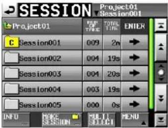 SESSION Project01 Session001 Project01 TYPE TOTAL TIME ENTER C Session001 009 2n Session002 004 19s Session003 004 20s Session004 003 19s Session005 000 0s INFO MIKE SESSION MULTI SELECT MENU