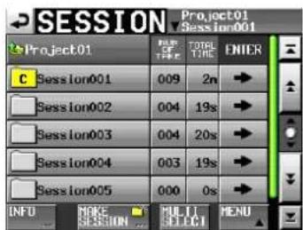 SESSION Project01 Session001 Project01 Project01 File OF TIME TICK TIME ENIER C Session001 009 2m Sesslon002 004 19s Sesslon003 004 20s Sesslon004 003 19s Sesslon005 000 0s INFO MAKE SESSION MULTI SELECT MENU