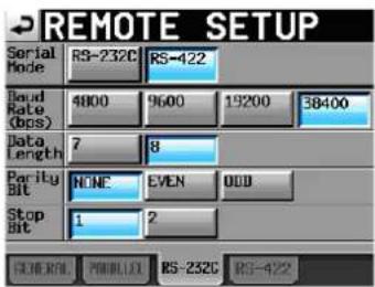 REMOTE SETUP Serial Node RS-232C RS-422 Baud Rate (bps) 4800 9600 19200 38400 Data Length 7 8 Parity Bit NONE EVEN 000 Stop Bit 1 2 START DATE PRODUITS RS-232C RS-422