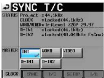 SYNC T/C STATUS Project = 44.1kHz CLOCK = Locked(44.1kHz) WORD/VIDEO = Ir Level 720P 29.97 D-IN1 = Locked(44.1kHz) D-IN2 = Locked(48.048kHz FxCnv) MASTER INT WORD VIDEO D-IN1 D-IN2 CLOCK SYNC I/C SE DIP I/O