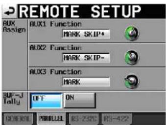 REMOTE SETUP AUX1 Function MARK SKIP+ AUX2 Function MARK SKIP- AUX3 Function MARK BUF-J Tally OFF ON GENERAL MODULES RS-250% RS-472