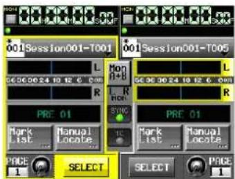001Session001-T001 001Session001-T005 L Mon R 66.06.00.24 19:12:6 PM R 66.06.00.24 19:12:6 PM R PRE 01 MARK 1st Manual Locate SYNC PRE 01 Mark 1st Manual Locate 1c PAGE SELECT SELECT PAGE