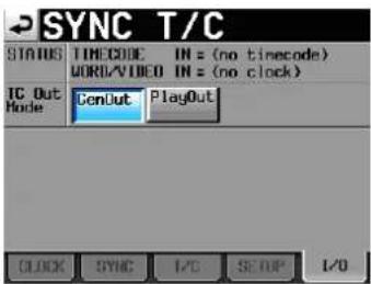 SYNC T/C STATUS TIMECODE IN = (no timecode) WORD/VIDEO IN = (no clock) IC Out Mode GenOut PlayOut CLOCK SYNC I/C SETUP I/O