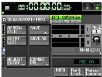 Session001-1001 CF 1.005p43n ASIGN FILE ENTRY LIST SAVE SAVE AS ADJUST ENTRY ... EXPORT PPL PRE: 01 INFO Mark List Manual L PADD 1 R 00:00:22:11