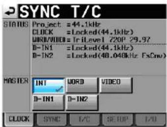 SYNC T/C STATUS Project = 44.1kHz CLOCK = Locked(44.1kHz) WORD/VIDEO = TriLevel 720P 29.97 D-IN1 = Locked(44.1kHz) D-IN2 = Locked(48.048kHz FxCnv) MASTER INT WORD VIDEO D-IN1 D-IN2 CLOCK SYNC F/C SETUP I/O