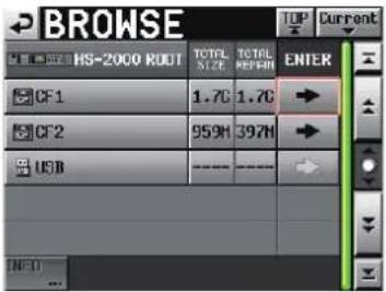 BROWSE HS-2000 ROOT TOTAL SIZE TOTAL REPAIR ENTER CF1 1.7G 1.7G CF2 959H 397H USB INFLI