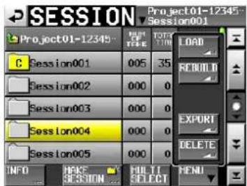 SESSION Project 01-12345 Session001 Session001 Session002 Session003 Session004 Session005 INFO MAKE SESSION MULTI SELECT LOAD REBUILD EXPORT DELETE FEND