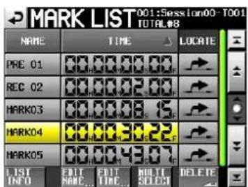 MARK LIST 001:Session00 -T001 TOTAL#8 NAME TIME LOCATE PRE 01 00.00.00.00 F REC 02 00.00.02.00 F HARK03 00.00.08.15 F HARK04 00.00.30.22 F HARK05 00.00.43.07 F LIST INFO EDIT EDIT ROUTE DELETE