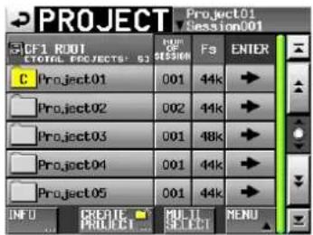 PROJECT Project01 Session001 CF1 ROOT TOTAL PROJECTS: SJ C Project01 001 44k Project02 002 44k Project03 001 48k Project04 001 44k Project05 001 44k INFO CREATE PROJECT MULTI SELECT MENU