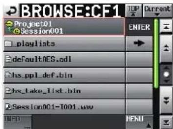 BROWSE:CE1 Project01 Session001 playlists defaultACS.odl hs_ppl_def.bin hs_take_list.bin Session001-1001.wav MENU