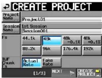 CREATE PROJECT Project Name Project01 Session Name 1st Session Session001 Fs 44.1k 48k 48k 48k -0.1% +0.1% 88.2k 96k 176.4k 192k BUF Chunk fs Actual Rate Fake Rate [1/3] NEXT CREATE PROJECT