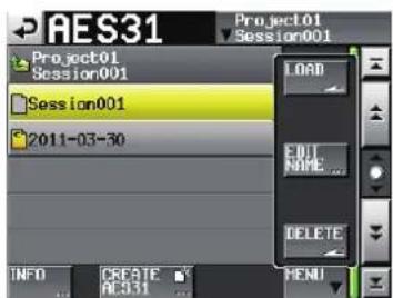 AES31 Project01 Session001 Project01 Session001 Session001 2011-03-30 LOAD EDIT NAME... DELETE INFO CREATE AC331 MENU