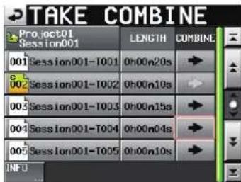 TAKE COMBINE Project01 Session001 LENGTH COMBINE 001 Session001-1001 0h00n20s 002 Session001-1002 0h00n10s 003 Session001-1003 0h00n15s 004 Session001-1004 0h00n04s 005 Session001-1005 0h00n10s INFO