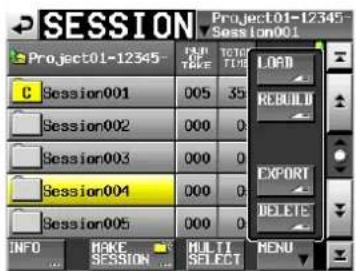 SESSION Project01-12345 Session001 Session002 Session003 Session004 Session005 INFO MAKE SESSION MULTI SELECT LOAD REBUILD EXPORT DELETE MENU
