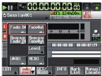 Session001 Fade IN FadeOut Remove Fade IN Remove FadeOut Level UNDO REDO Edit Fade/ Select Info Mark List Manual Locate
