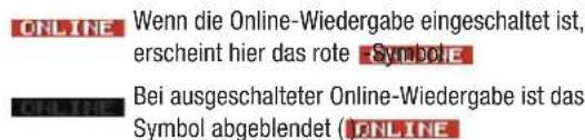 ONLINE Wenn die Online-Wiedergabe eingeschaltet ist, erscheint hier das rote - Symbole Bei ausgeschalteter Online-Wiedergabe ist das Symbol abgeblendet (ONLINE