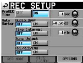 REC SETUP PreREC Time OFF ON 1 sec Auto Marker Audio Over -0.20 dB Audio OFF ON Time Interval 1 min OFF ON Sync Unlock OFF ON PRE/REC/END OFF ON REC MODE FILE FORMAT OPTIONS