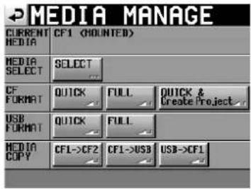 MEDIA MANAGE CURRENT CF1 (HOUNDED) MEDIA SELECT CF FORMAT QUICK FULL QUICK & Create Project USB FORMAT QUICK FULL MEDIA COPY CF1->CF2 CF1->USB USB->CF1